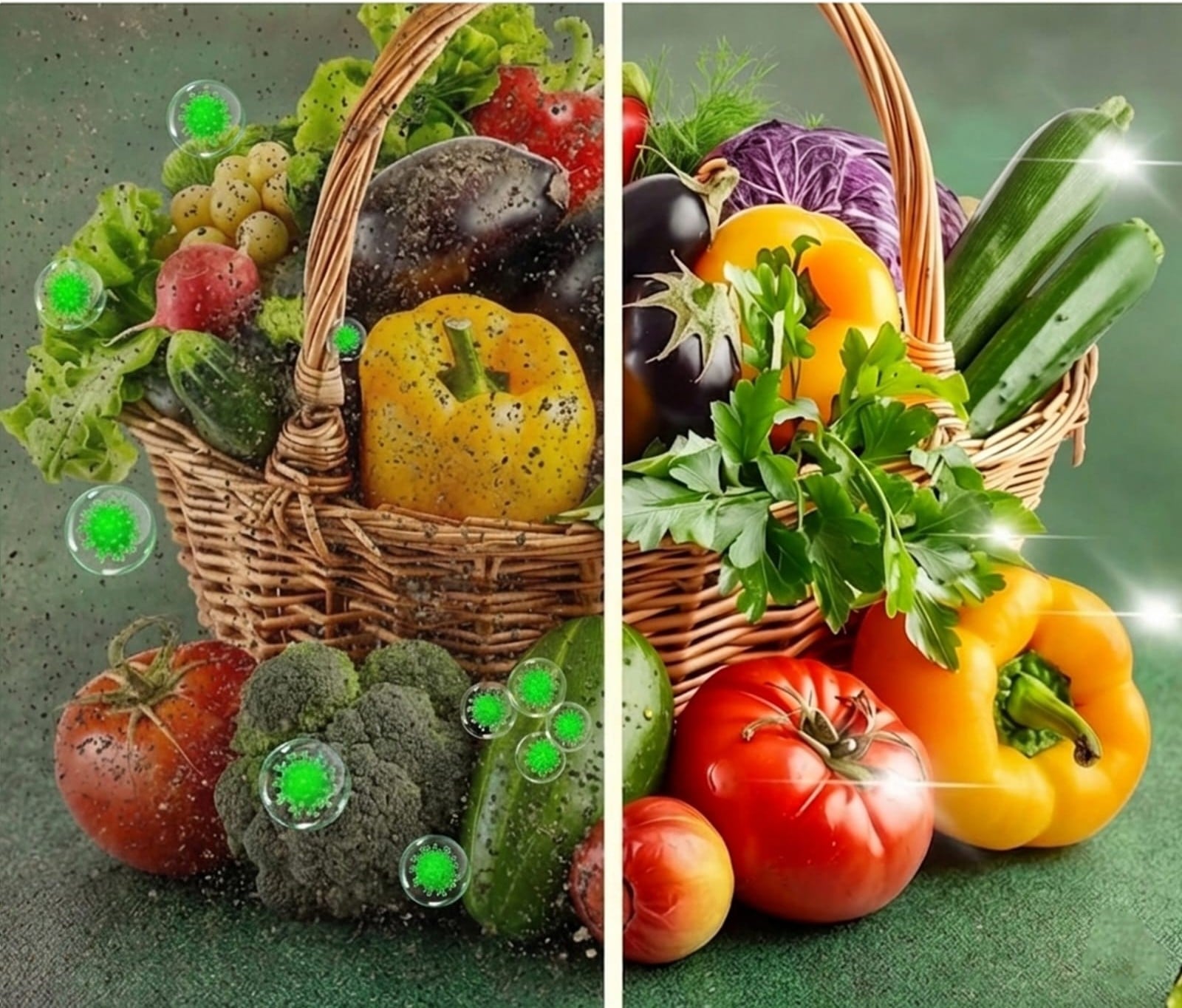 Vegetables before and after washing with Dr. Detoxer — pesticide and dirt removal comparison