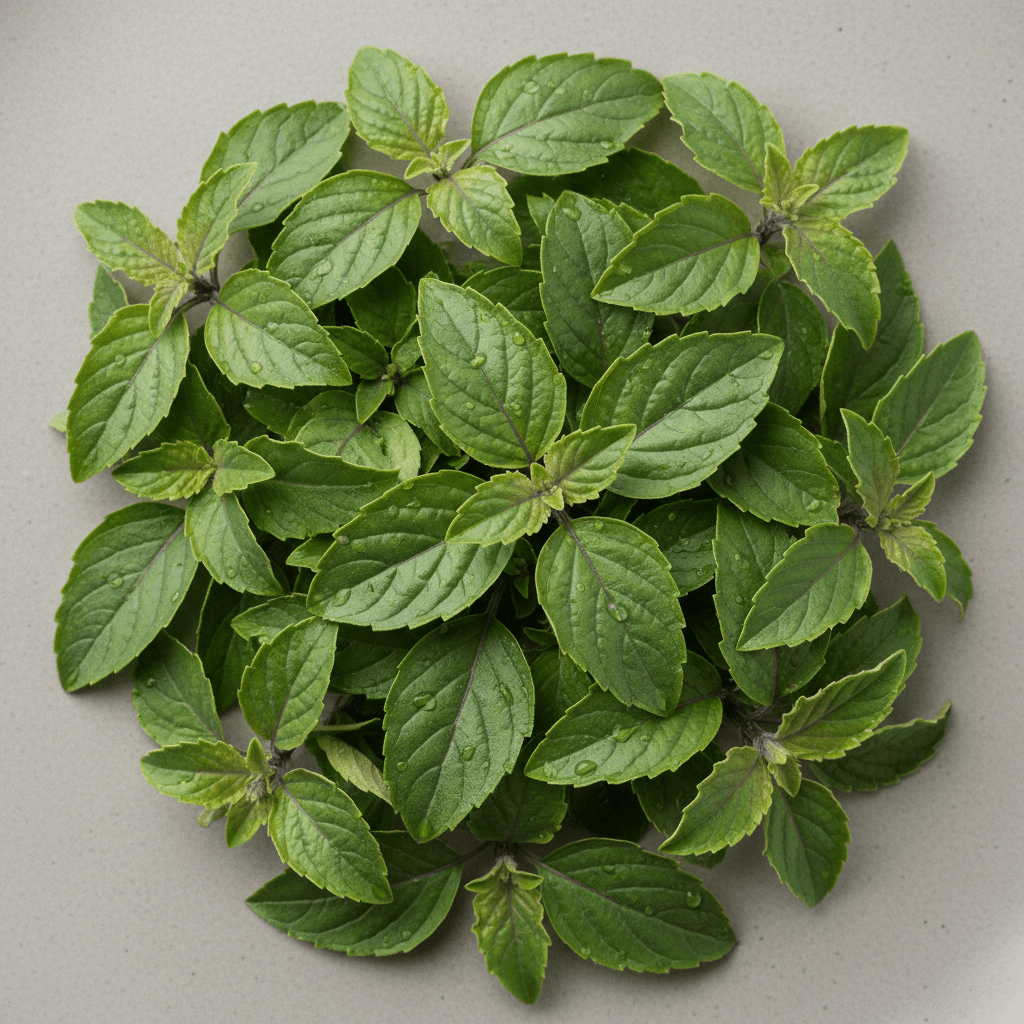 Fresh tulsi holy basil leaves — antibacterial ingredient in Dr. Detoxer formula